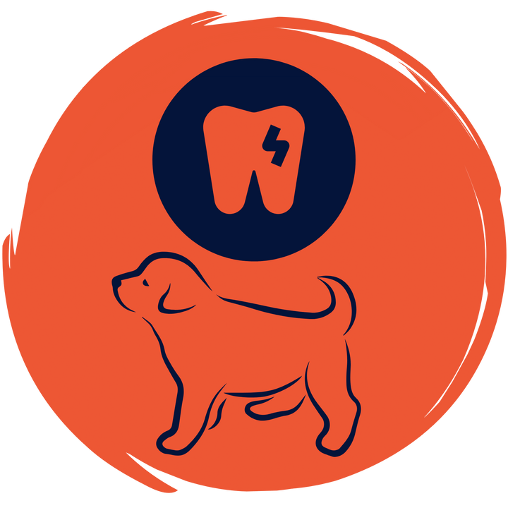 Doy toy buying guide teething type icon, orange circle with blue puppy and tooth. 