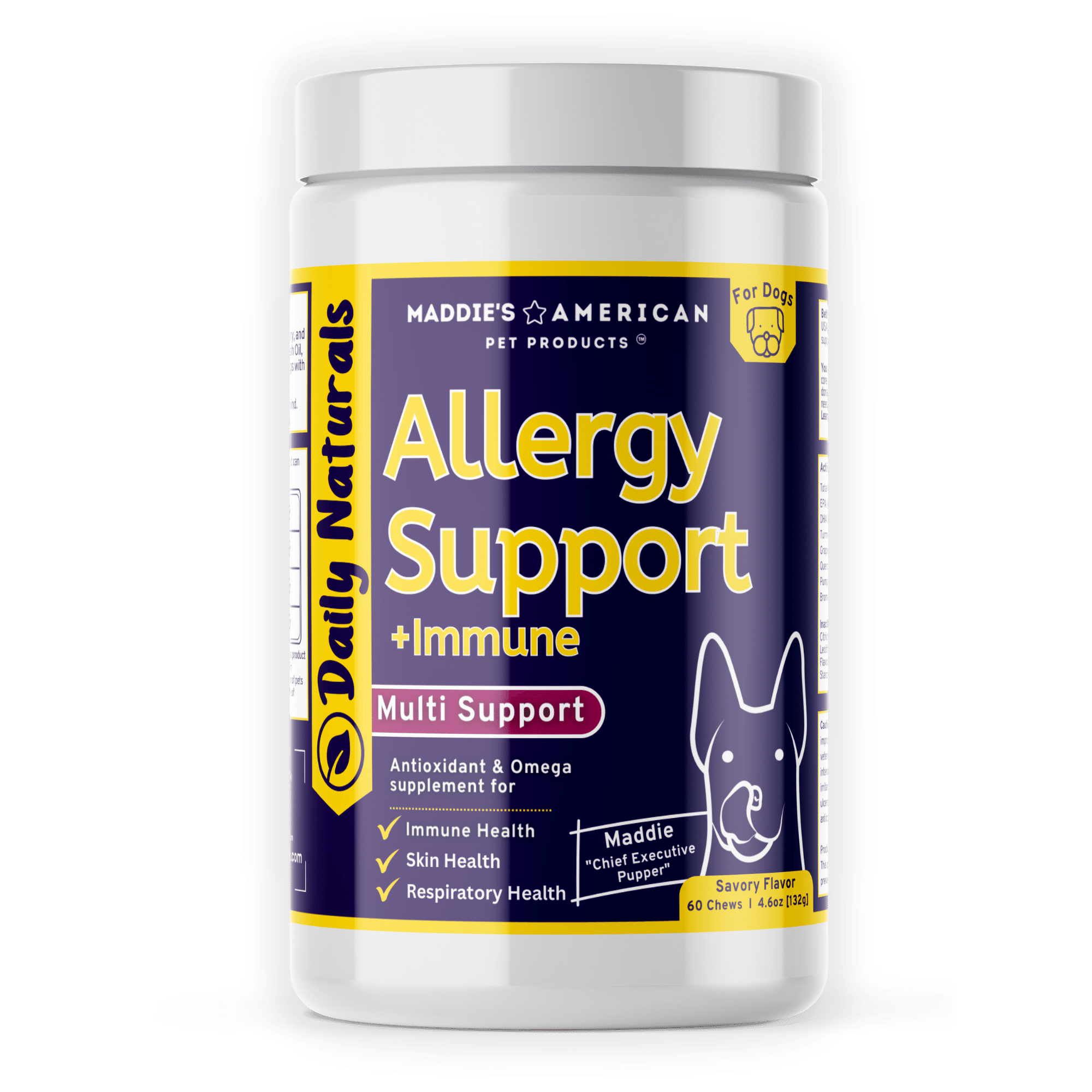 Maddie's American Pet Products Daily Naturals Allergy Support + Immune Supplement Product Picture, jar with purple and yellow label.
