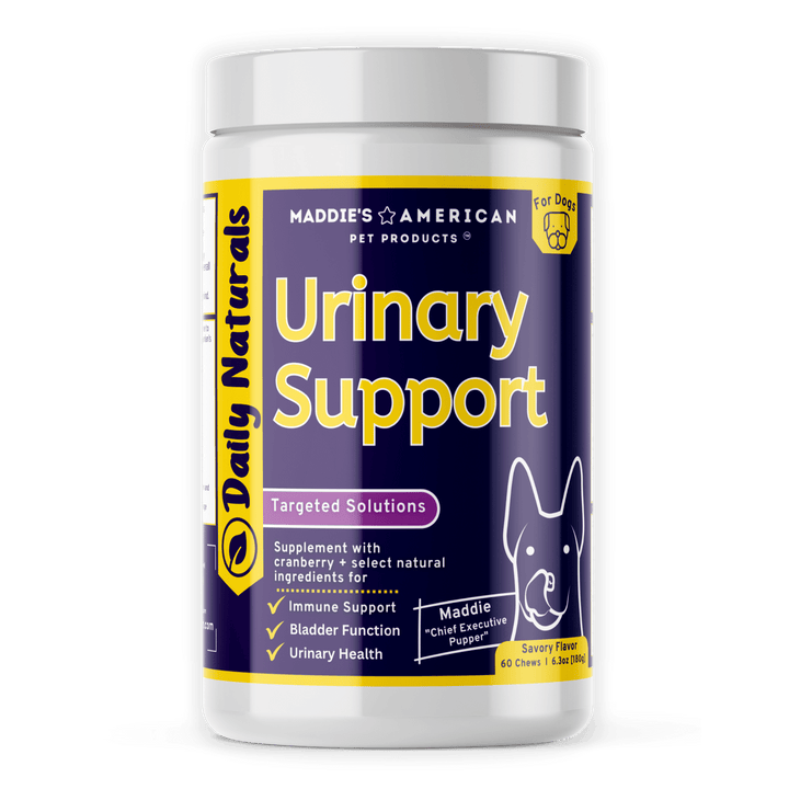 Urinary Support Dog Supplement by Maddie's American Pet Products Daily Naturals purple and gold bottle .