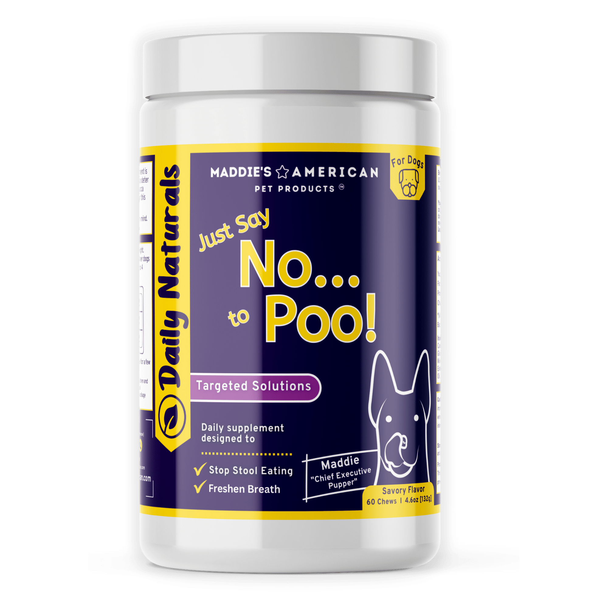 Maddie's American Pet Products Coprophagia Supplement, Just Say No to Poo purple and yellow jar main product image.