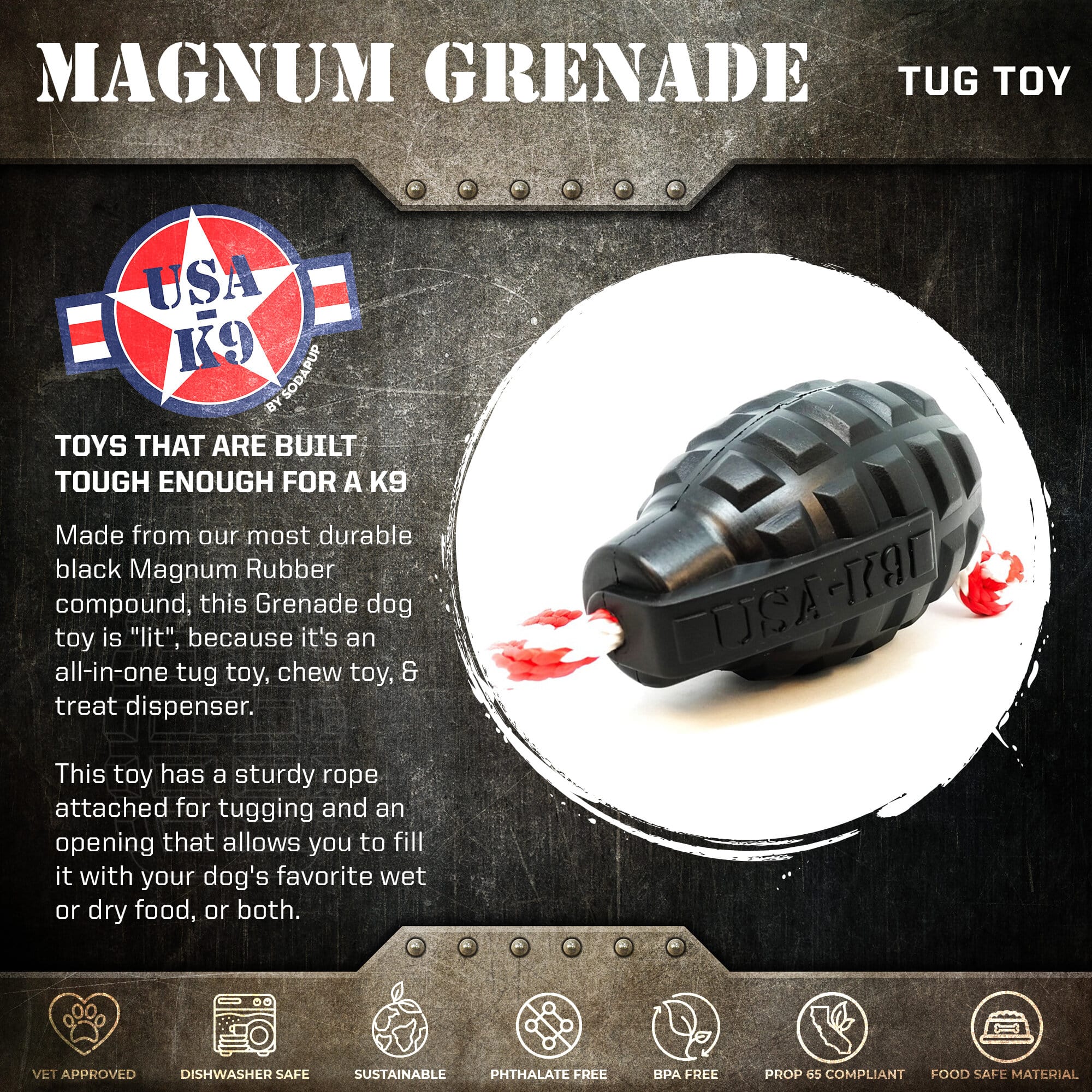 Magnum Grenade Ultra Durable Rubber Toy with Rope