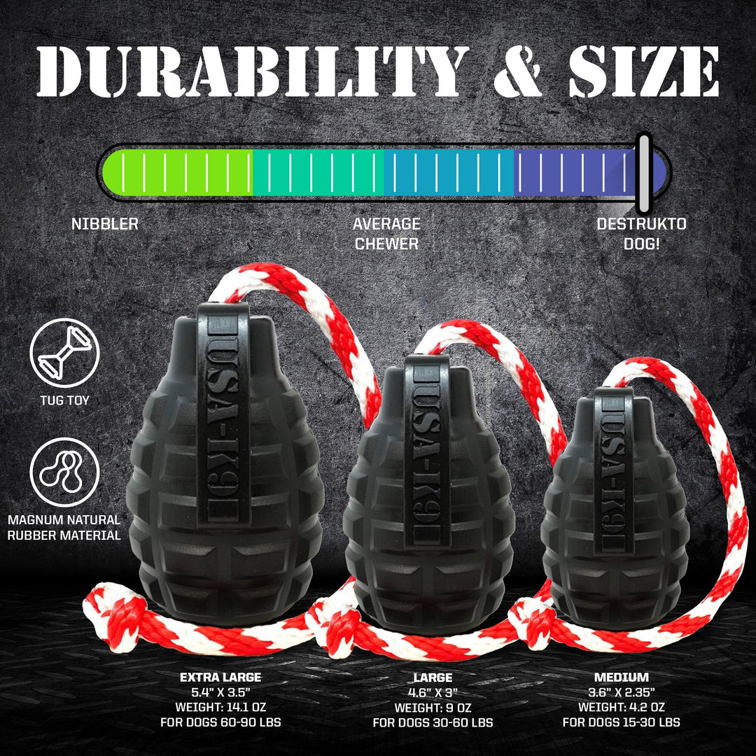 Magnum Grenade Ultra Durable Rubber Toy with Rope