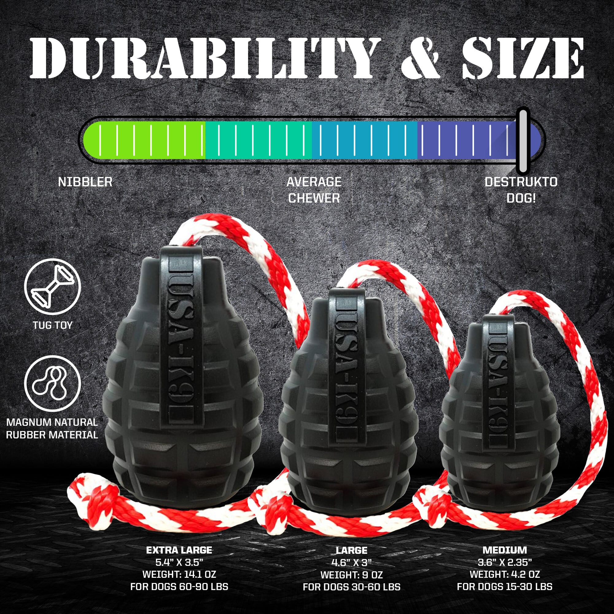 Magnum Grenade Ultra Durable Rubber Toy with Rope