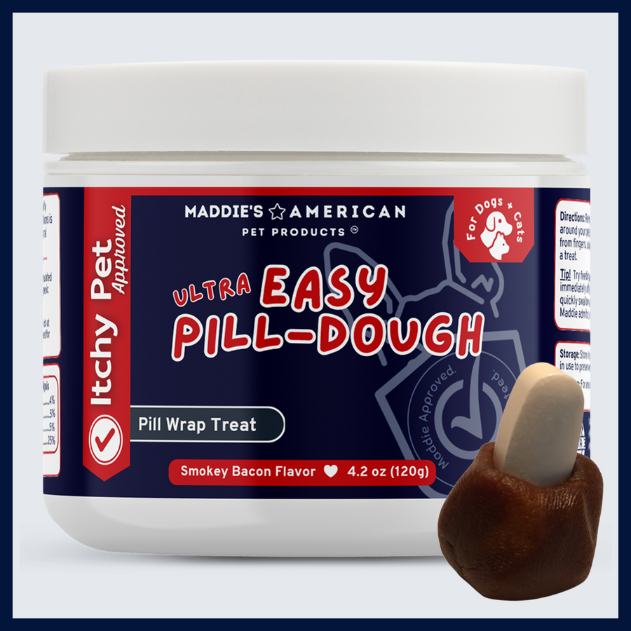 Maddie's American Pet Products Ultra Easy Pill-Dough container with a pill wrap treat on a white background