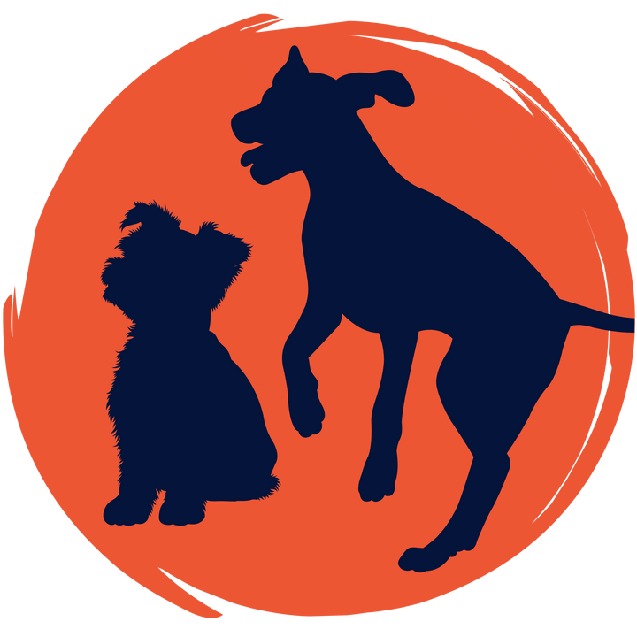 Dog toy buying guide, medium to large dog, orange circle and 2 blue dogs. 