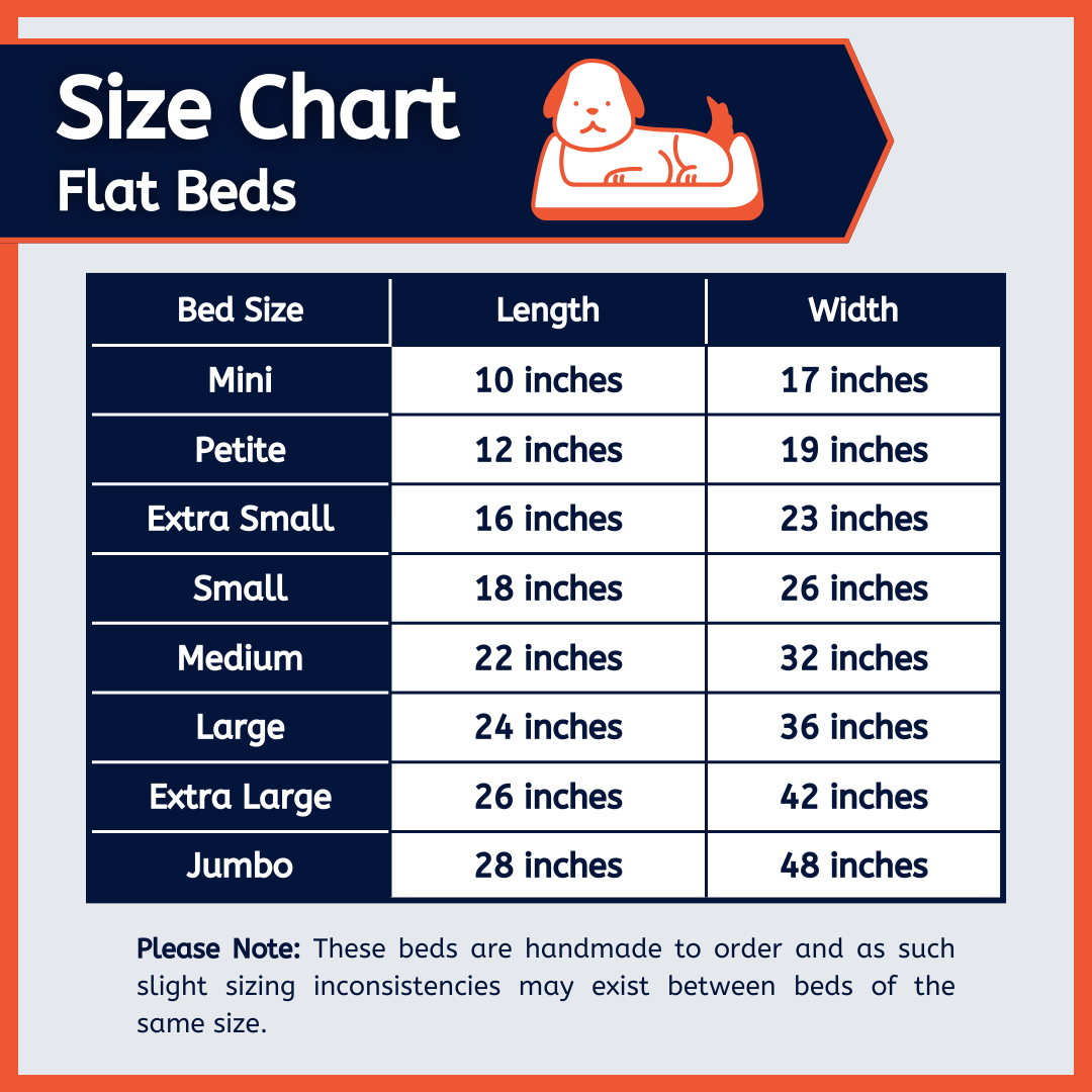 Size chart for flat beds with bed size, length, and width dimensions.