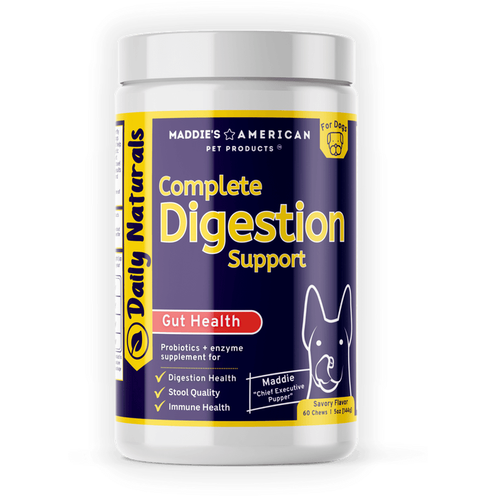 Maddie's American Pet Products Daily Naturals Complete Digestion Support Probiotic and Enzyme Gut Health Main Image, purple and gold jar.