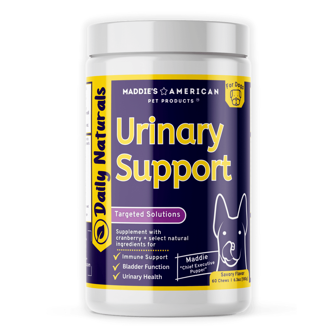 Urinary Support Dog Supplement by Maddie's American Pet Products Daily Naturals purple and gold bottle .